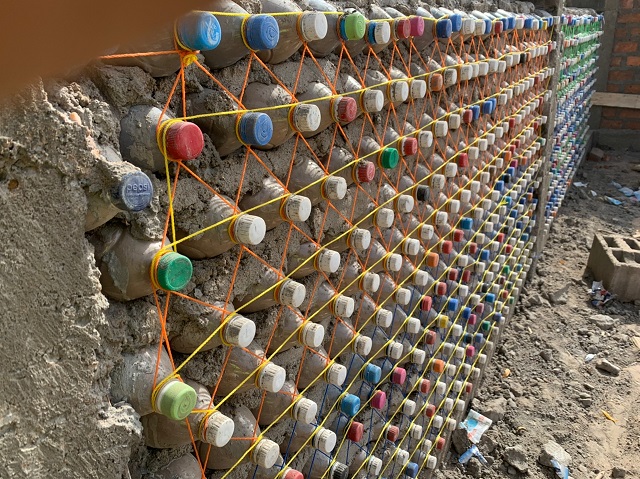 Bottles2Bricks’ first project showcasing a plastic bottle brick wall